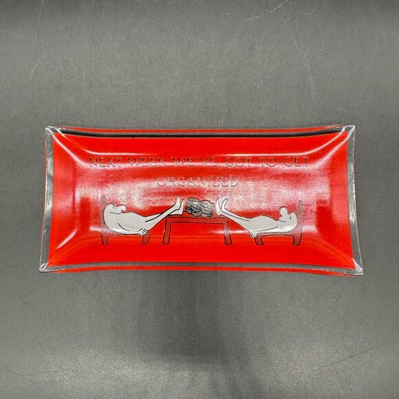Vintage Trinket Dish Tray 1970s Red Glass Procrastinator Organized Kitschy Humor - Picture 2 of 9